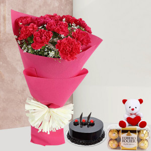 Carnation & Rocher N Teddy With Chocolate Cake